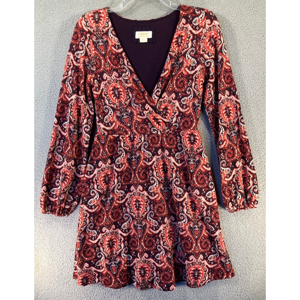 Maeve Anthropologie Dress Womens Sm Orange Paisley Long Sleeve Faux Wrap Lined
